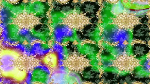 Klasik raster şablonu. Yeşil ve altın desenli. Tekrarlayan ögelerle soyut arkaplan çiz.