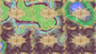 Ortaçağ çiçek desenini çiz. Kahverengi renklerde altın. Dekoratif simetri arabesk. Raster illüstrasyonu. Doğum günü, davetiye ya da afiş için tebrik kartı.