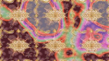 Raster altın desen. Altın elementli bej renkler. Raster illüstrasyonu. Doğu tarzı arabesk. Altın desenli bukleler çiz.