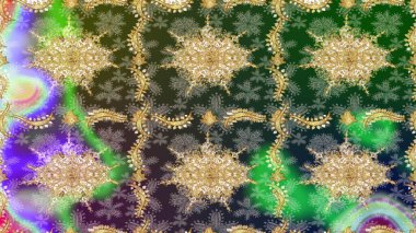 Klasik altın desenli çizim. Raster geleneksel oryantasyon süsü. Altın elementlerle yeşil renklerde altın desen.