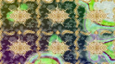 Raster Golden eskiz kalıbı. Arkaplan, kumaş, altın duvar kağıdı. Düz elle çizilmiş klasik koleksiyon. Altın elementlerle yeşil renklerde altın desen.