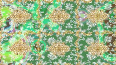 Eskiz oryantal klasik altın desen. Yeşil renklerde altın tekrarlayan elementler içeren Raster soyut arkaplanı.