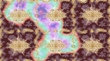 Parlak dantel, stilize çiçekler, şal desenli. Kahverengi renkli ve altın elementli eskiz deseni. Raster sanatı. Doğu tarzı arabesk. Altın desenli bukleler çiz. Zarif altın deseni aç.