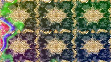 Lüks, kraliyet ve Viktorya dönemi konsepti. Yeşil yerine altın rengi barok çiçekli eskiz deseni. Yeşil renklerdeki altın element. Süslü raster dekorasyonu.