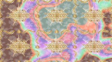 Raster oryantal süs. Barok tarzında eskiz oryantal süsü. Geleneksel klasik altın desen. Altın elementlerle nötr renklerde altın desen.