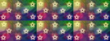 Sanat terapisi tarzı zen çizim için yeşil, mor ve menekşe şekilli kar taneleri. El çizimi, dövme stili, kumaş tasarımı ve Raster illüstrasyonunda kartlar..