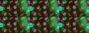 Kahverengi, yeşil ve gri papatyaların kahverengi, yeşil ve gri renkli desenleri. Raster illüstrasyonu. Kahverengi, yeşil ve gri renklerde.