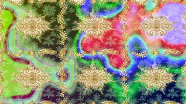 Eskiz desenli oryantal süs. Raster altın tekstil baskısı. Çiçek kiremitleri. Altın elementlerle yeşil renklerde altın desen. İslam tasarımı.