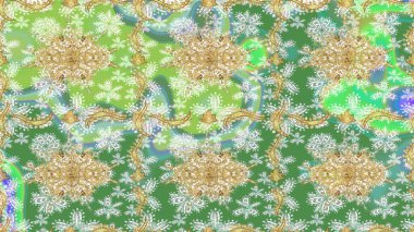 Kart, duvar kağıdı, ambalaj ve tekstil için klasik tasarım. Altın şablon. Yeşil renkte Royal retro. Raster illüstrasyonu. Eskiz kalıbı altın elementler. Çiçeksel klasik doku.