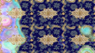 Süslü raster dekorasyonu. Barok tarzında duvar kâğıdı tasarımı için eskiz şablonu arka planı. Altın elementlerle mavi renklerde altın desen.