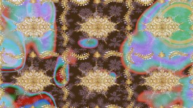 Klasik Raster altın desenini çiz. Klasik klasik klasik arka plan. Kahverengi renkli ve altın elementli eskiz deseni. Geleneksel oryantasyon süsü. Raster illüstrasyonu.