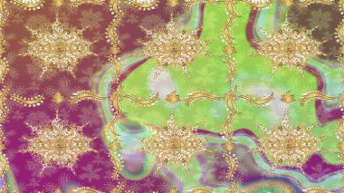 Raster illüstrasyonu. Süslü dekorasyon. Damask altın soyut çiçek deseni nötr renkler üzerine çizim.