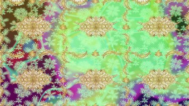 Geleneksel klasik altın desen. Barok tarzında eskiz oryantal süsü. Raster oryantal süs. Altın elementlerle yeşil renklerde altın desen.