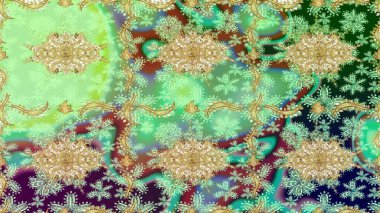 Doğu tarzı element. Yeşil renklerdeki altın element. Davetiyeler, kartlar, web sayfası için Raster illüstrasyon. Tasarım şablonu için çizgi çizimi sınırı. Altın çizgili çiçek dekoru.