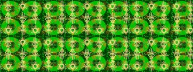 Raster illüstrasyonu. Renkli arka planda izole tatlı kar taneleri. Güzel kar tanesi. Soyut kış yeşili, sarı ve nötr süs. Yuvarlak raster kar tanesi.