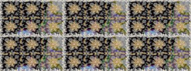 Çiçek kiremitleri. İslam tasarımı. Gri renkli ve altın elementli altın desenli. Raster altın tekstil baskısı. Kusursuz desenli oryantal süs.