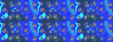 Mavi, yeşil ve mor renklerde. Taslak dekoratif arka plan, çiçek mandala. Raster illüstrasyonu. Çiçek..