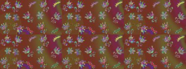 Raster dikişsiz şirin çiçek deseni. Bahar mevsimi. Tatil havası. Nazik romantik baskı. Kahverengi, mor ve yeşil renkte çiçekler.