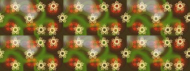 Raster illüstrasyonu. Noel ve yeni yıl moda baskıları için tatil tasarımı. Kar tanelerinin soyut arkaplanlı Noel şablonu. Kahverengi, yeşil ve turuncu kar taneleri.