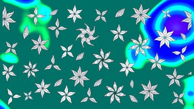 Şirin çiçekli eskiz deseni ve mavi renkli yapraklar, suluboya çiçek deseni, duvar kağıdı, kart veya kumaş için fayanslı. Raster illüstrasyonu.