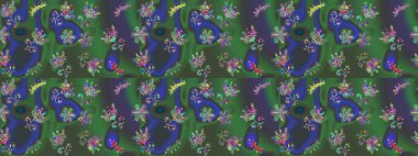 Düz Çiçek Elementleri Tasarımı. Renkli Yaz Temalı eskiz kalıbı. Sevimli çiçek raster deseni. Yeşil, mavi ve mor renkte çiçekler.