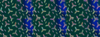 El çizimi, dövme stili karalama, kumaş tasarımı ve Raster illüstrasyonunda kartlar. Sanat terapisi tarzı Zen çizimi için mavi, yeşil ve menekşe şekilli kar taneleri..