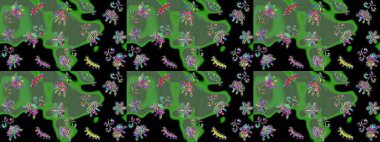 El çizimi çiçekli, soyut, pürüzsüz desen. Raster illüstrasyonu. Çiçekler yeşil, siyah ve mavi renkte.