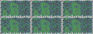 Kağıt, kumaş ve ambalaj için uygun. Yeşil ve mavi renkli bir resim. Raster çiçekli, kelebekli kusursuz desen..