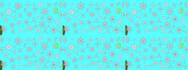 Raster düz çiçek çizim deseni. Hediye ambalaj kağıdı, tebrik kartları, posterler ve pankart tasarımı. Mavi renkte çiçekler.