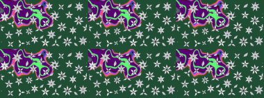 Düz Çiçek Elementleri Tasarımı. Renkli Bahar Teması eskiz kalıbı. Raster illüstrasyonundaki çiçek desenli çizim. Yeşil renkte çiçekler.