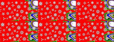 Çiçek süslemeli çizim deseni. Raster illüstrasyonu. Kırmızı renkte çiçekler.