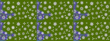 1950-1960 motifleri. El çizimi çiçek unsurları olan soyut çizim raster deseni. Retro tekstil tasarım koleksiyonu. Çiçekli ipek eşarp. Yeşil yeşile.