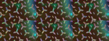 Kahverengi, yeşil ve mavi renkli kar taneleri. Kar tanesi raster deseni. Renkli arka planda izole tatlı kar taneleri. Raster illüstrasyonu.