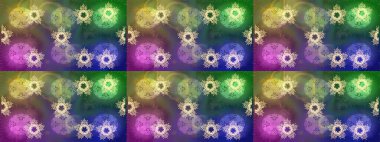 Kar tanelerinin soyut arkaplanlı Noel şablonu. Raster illüstrasyonu. Yeşil, mor ve mavi renkler. Noel ve Yeni Yıl moda baskıları için tatil tasarımı.