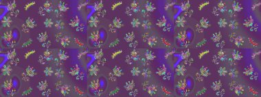 Çiçekli, pürüzsüz bir desen. Raster çiçekleri klasik tarzda çizilmiş. Mor, gri ve mor renkte bahar çiçekleri. Raster illüstrasyonu.