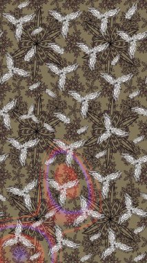 Raster illüstrasyonu. Patlayan çiçekler soyut olarak yerleştirilmiş. Raster deseni. Bej renklerde bahar çiçekleri..