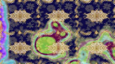 Kart, duvar kağıdı, ambalaj ve tekstil için klasik tasarım. Kraliyet retro 'su mavi renkte. Altın şablon. Klasik çiçek dokusu. Eskiz kalıbı altın elementler. Raster illüstrasyonu.