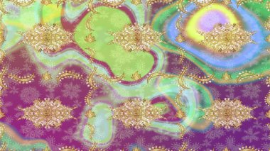 Raster illüstrasyonu. Damask altın soyut çiçek deseni nötr renklerde. Süsleme.