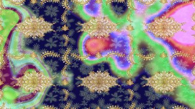 Skeç raster arka planı. Duvar kâğıdı barok, İspanyol kumaşı. Şık bir grafik desen. Çiçek deseni. Tarafsız renklerdeki altın elementler.