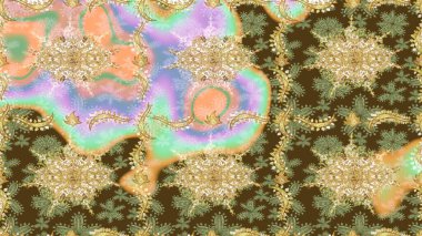 Tarafsız renklerde altın tekrarlayan elementlerle soyut arkaplan. Eskiz oryantal klasik altın desen.