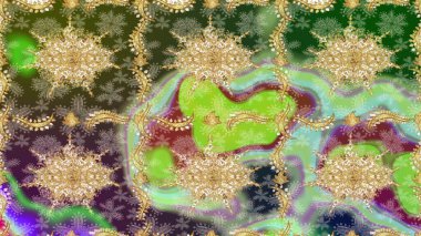 Tekrarlayan ögelerle soyut arkaplan çiz. Klasik raster şablonu. Yeşil ve altın desenli.