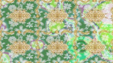 Kına dövmeli süs çiçekleri, altın çıkartmalar, mehndi ve yoga tasarımı, kartlar ve parmak izleri. Raster Golden Mehndi eskiz kalıbı. Yeşil renkte desen.