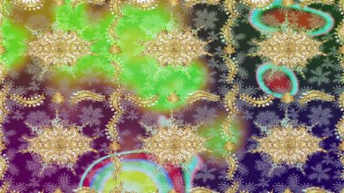 Altın elementlerle yeşil renklerde altın desen. Klasik altın desenli çizim. Raster geleneksel oryantasyon süsü.