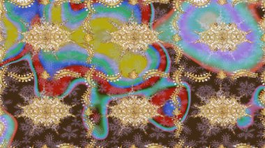 Kraliyet lüksü, altın barok kumaş rengi eskiz. Raster eskiz deseni altın antika çiçekli ortaçağ dekoratifi, yapraklar ve kahverengi renkli altın desenli süslemeler..