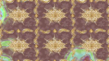 Altın şablonu çiz. Kahverengi renkler ve altın elementler. Raster altın çiçek süsü brokar kumaş ve cam desenli. Çiçek desenli altın metal..