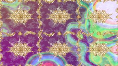 Altın şablonu çiz. Mor renkli ve altın elementli eskiz deseni. Raster doğulu süsü.