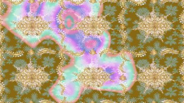 Tasarım için Damask çizim kalıbı. Tarafsız renklerde altın elementlerle Raster çizim deseni.