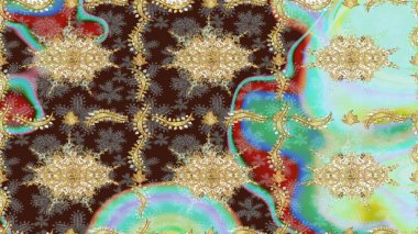 Kahverengi renklerde altın elementler. Şık bir grafik desen. Duvar kâğıdı barok, İspanyol kumaşı. Skeç raster arka planı. Çiçek deseni.