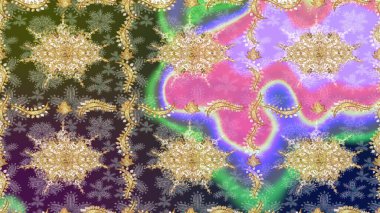 Tasarım için Damask çizim kalıbı. Tarafsız renklerde altın elementlerle Raster çizim deseni.