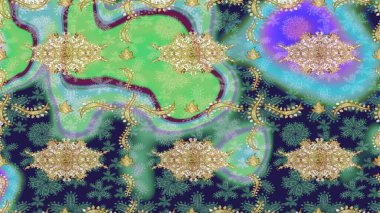 Çizim altın desenli bukleler. Yeşil renkte çizim deseni. Raster Golden eskiz kalıbı. Doğu tarzında altın elementler arabesk.